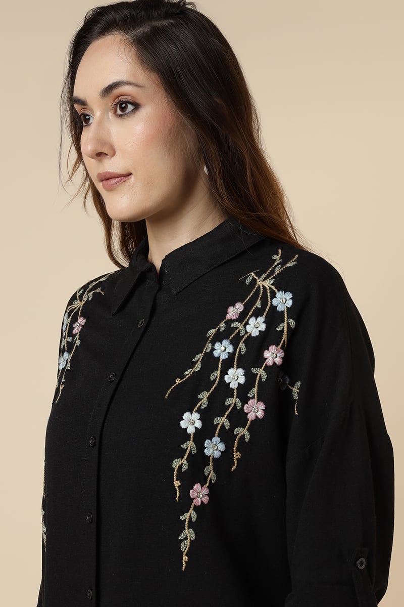 Black Floral Embroidered Longline Button-Down Shirt