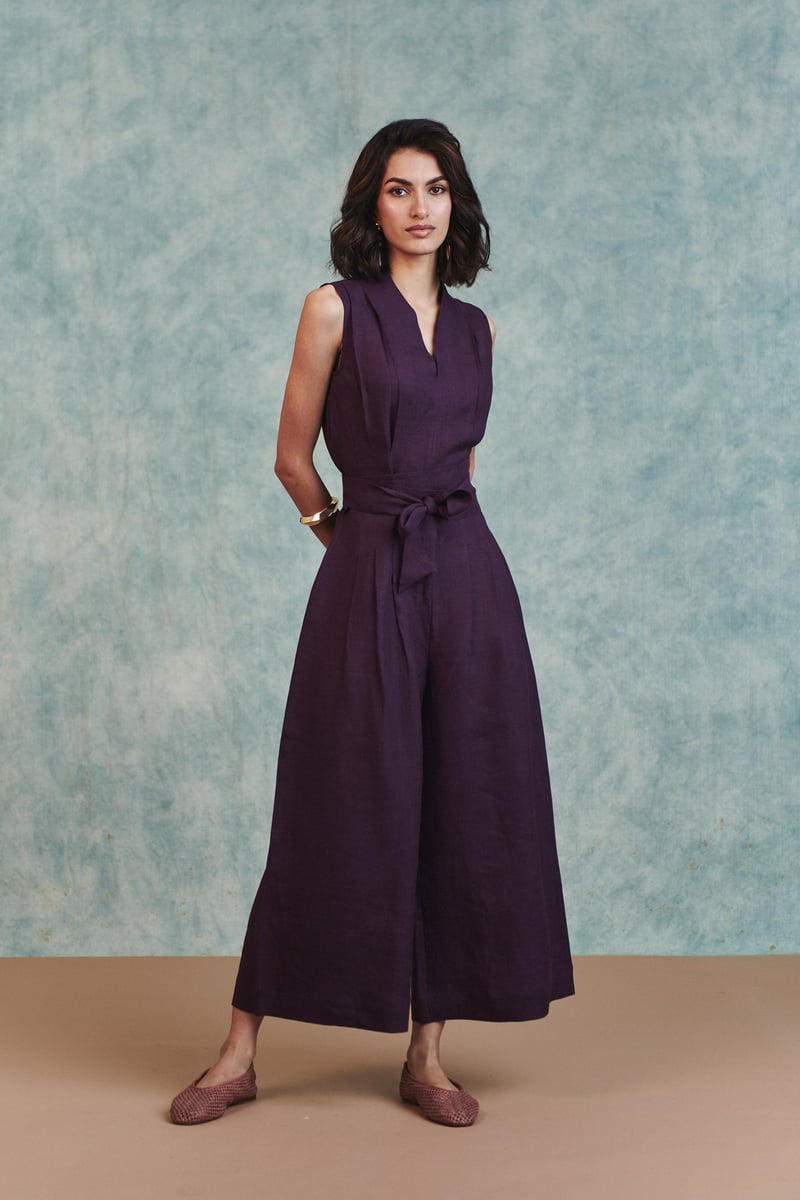 Plum Linen Sculpted Jumpsuit — Saphed