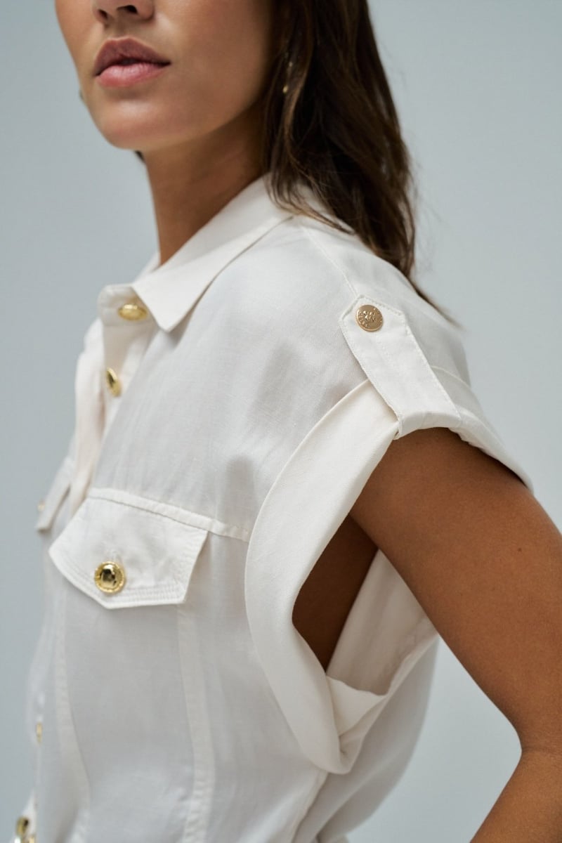 Light Beige Belted Shirt Jumpsuit with Button Front