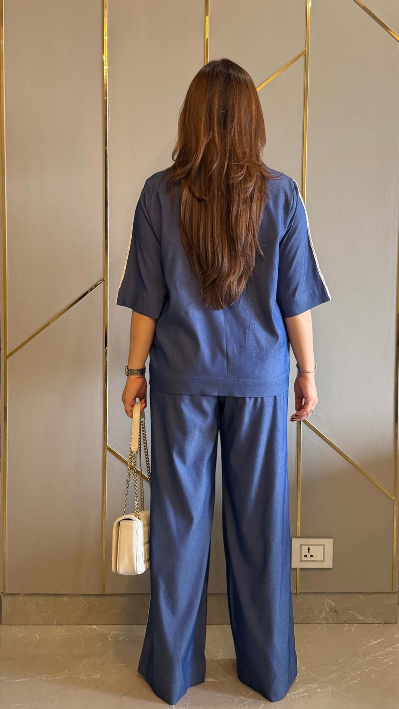 Denim Blue French Lace Shirt and Pants Co-ord Set