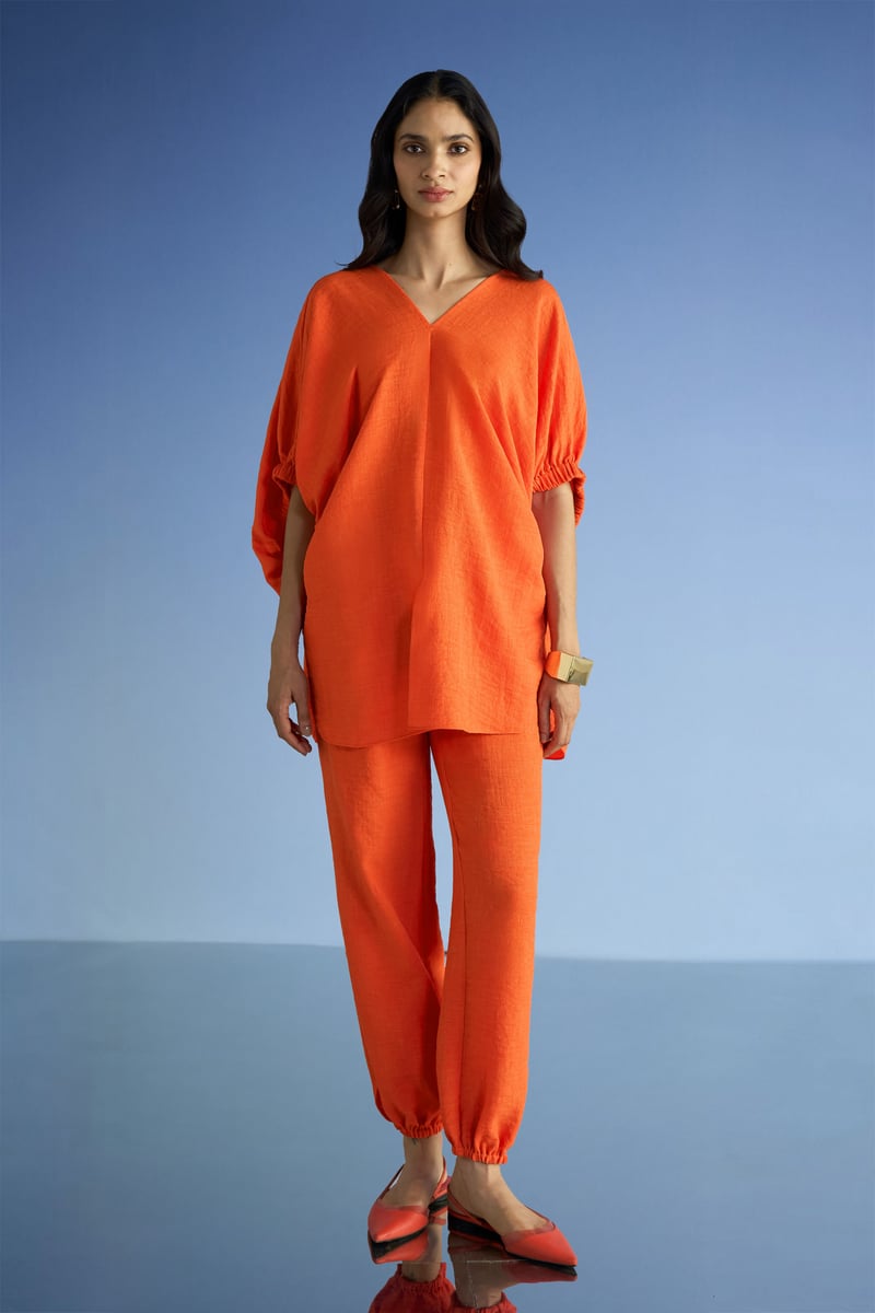 Tangerine Linen-Blend Longline Boxy Kaftan Top