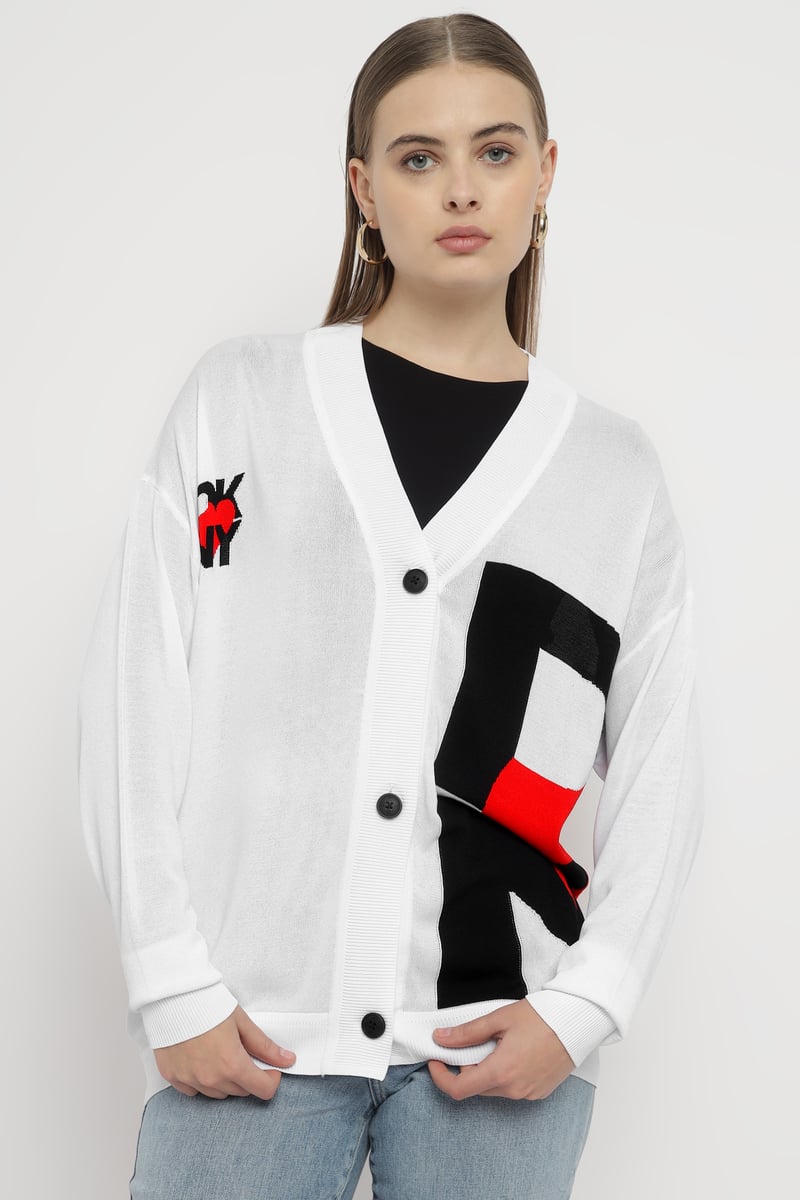 White Colorblock Graphic Button-Up Longline Cardigan