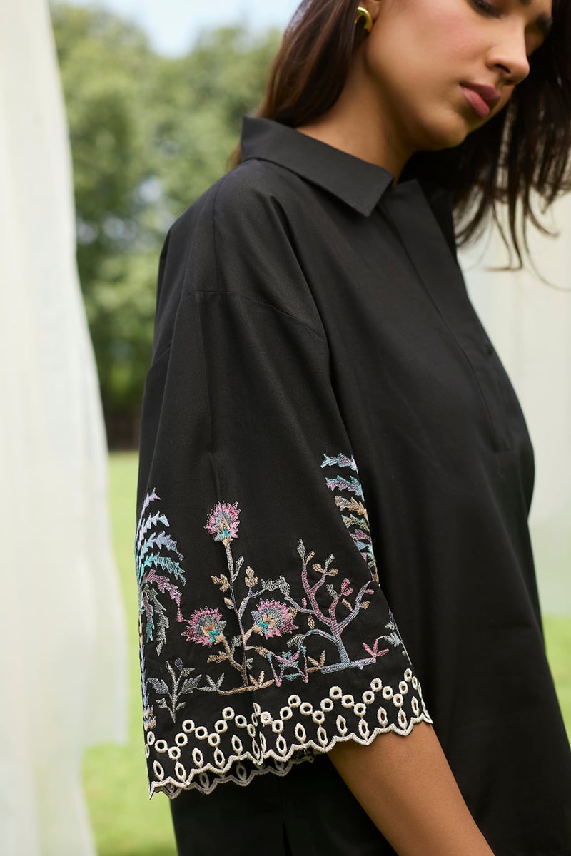 Black Embroidered Co-ord Set with Wide-Leg Pants