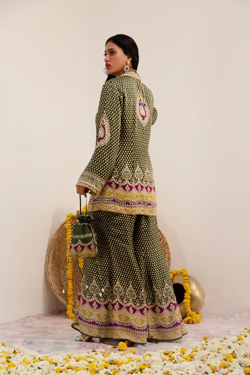 Olive Green Printed Blazer, Blouse and Sharara Co-ord Set