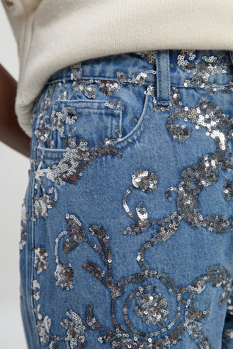 Mid Blue High-Rise Wide-Leg Sequin Jeans