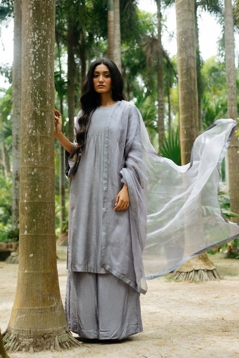 Grey A-Line Kurta Set with Embroidered Cuffs and Dupatta