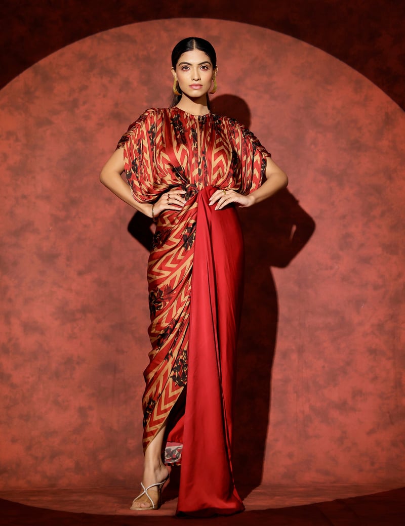 Red Printed Draped Maxi Gown with Contrast Drape