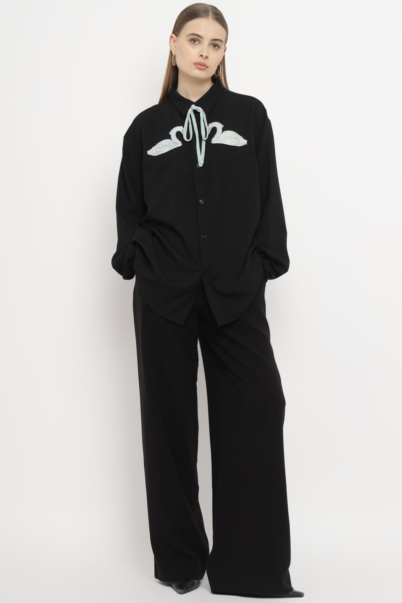 Black Oversized Swan Embroidered Shirt with Satin Necktie