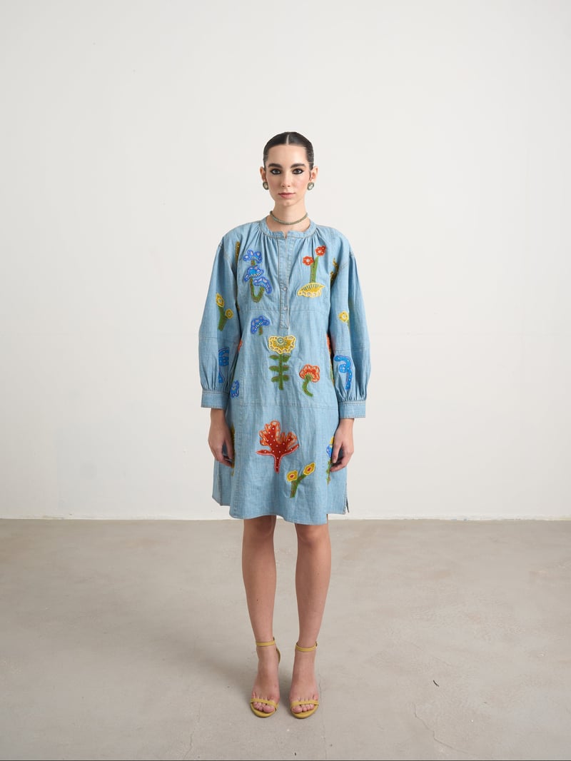 Blue Chambray Straight Knee-Length Dress with Patchwork Motifs — Naka Teki
