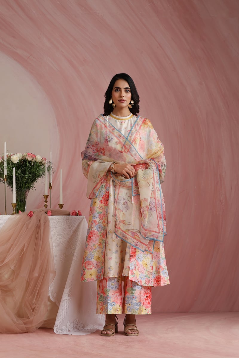 Ivory Floral Printed A-Line Kurta Set with Wide-Leg Trousers — Moh India