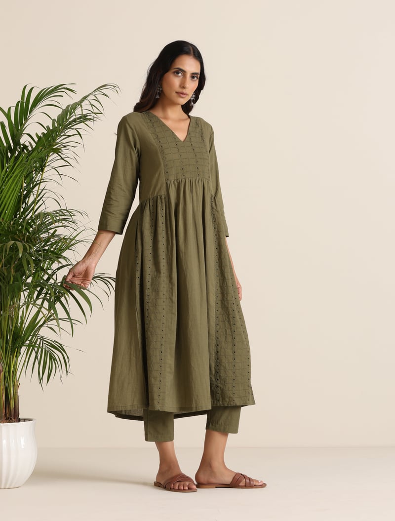 Olive Cotton Cutwork Embroidered Kurta Set