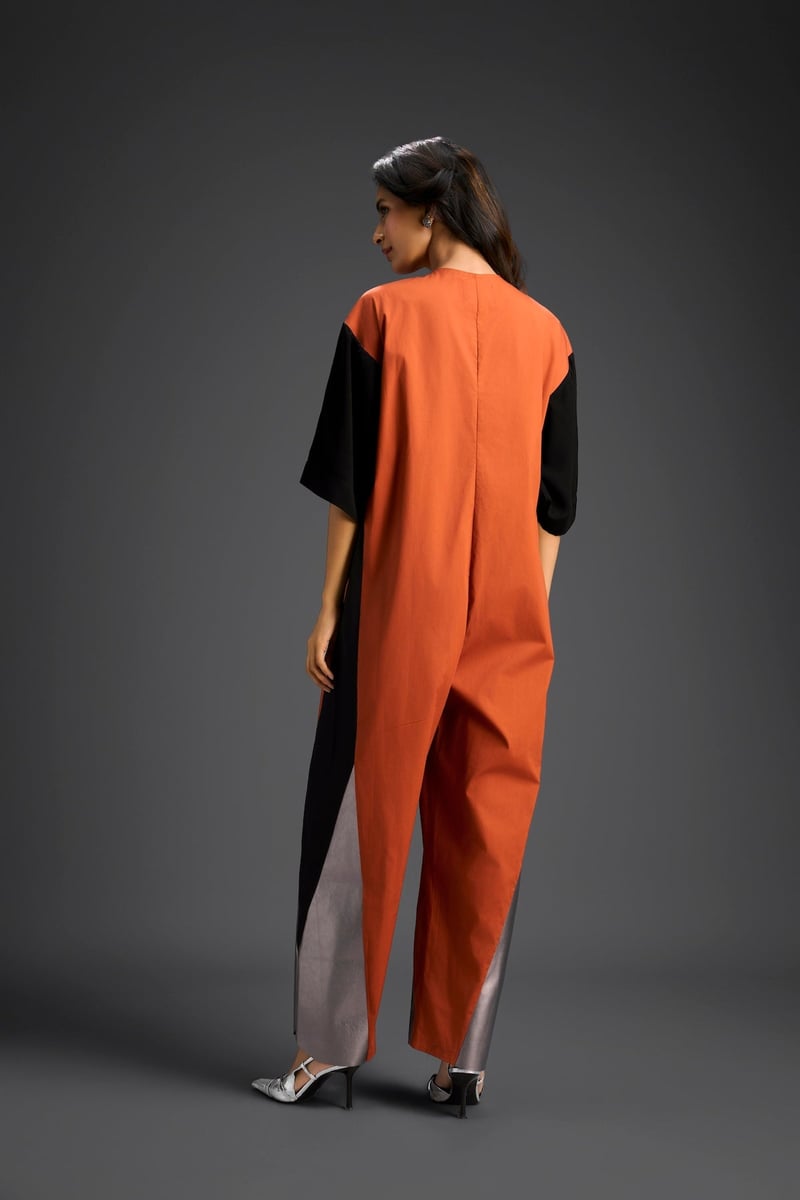 Rust Colorblock Jumpsuit with Metallic Panel Detail