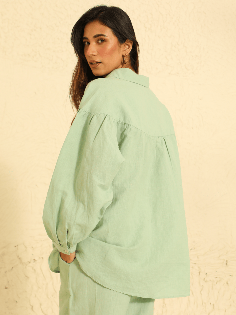 Sage Green Linen-Blend Shirt and Pants Co-ord Set