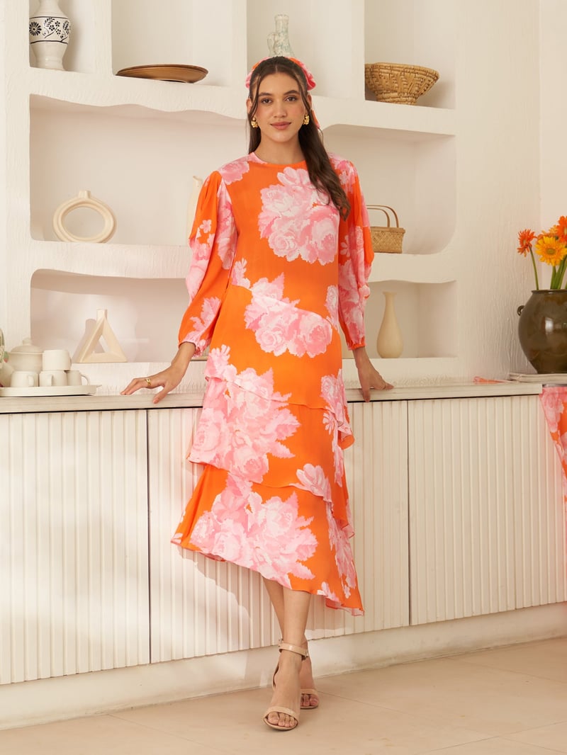 Orange Floral Tiered Midi Dress