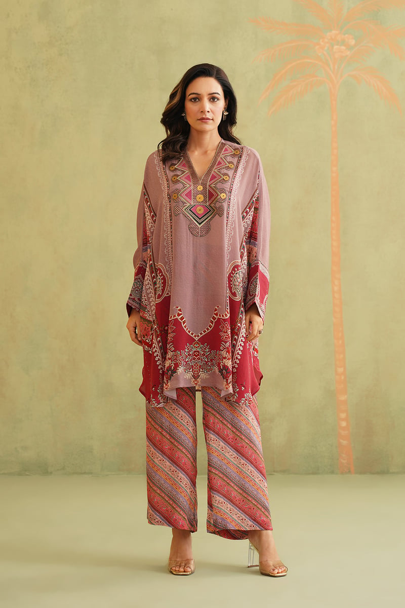 Multi Bemberg Crepe Printed Co-ord Set with Neck Embroidery