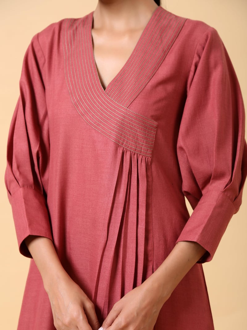 Rust Red Cotton Linen Straight Kurta Pant Set