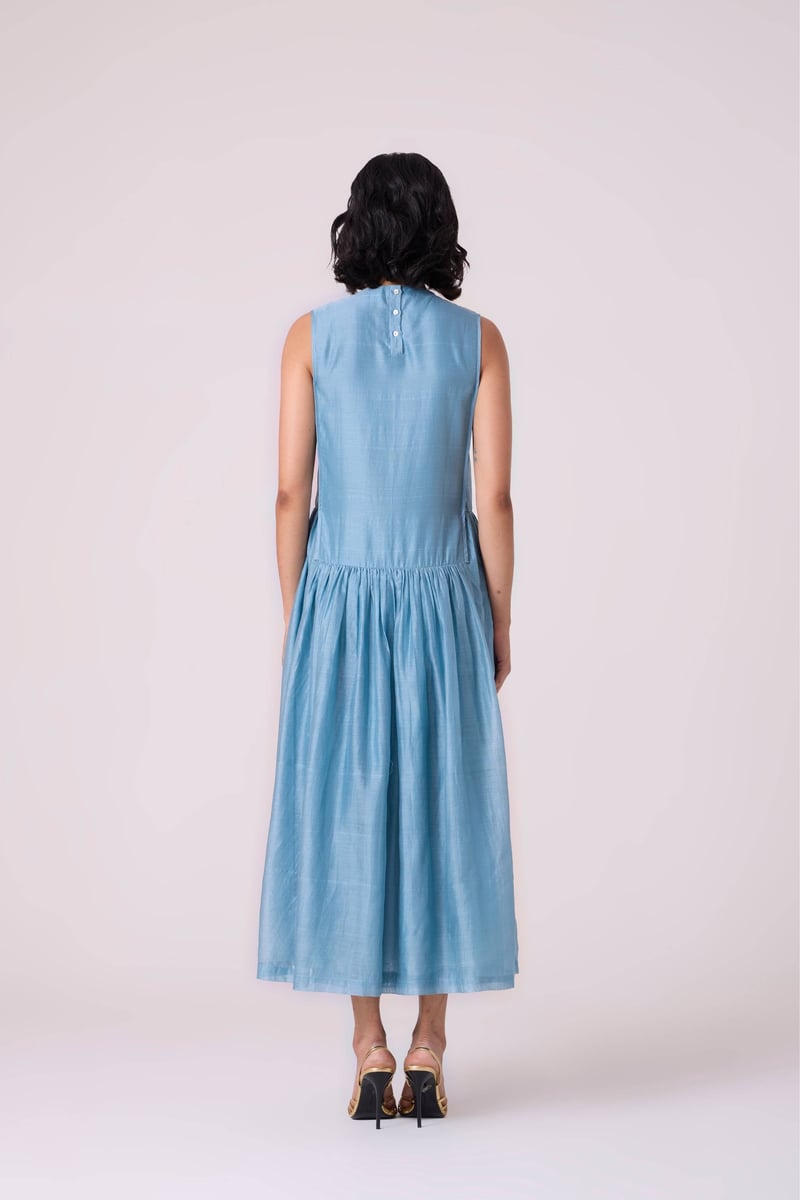 Blue Handwoven Chanderi Embroidered Maxi Dress