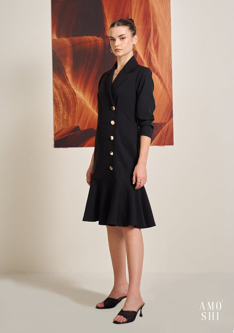 Black Blazer-Style Midi Dress with Metallic Buttons