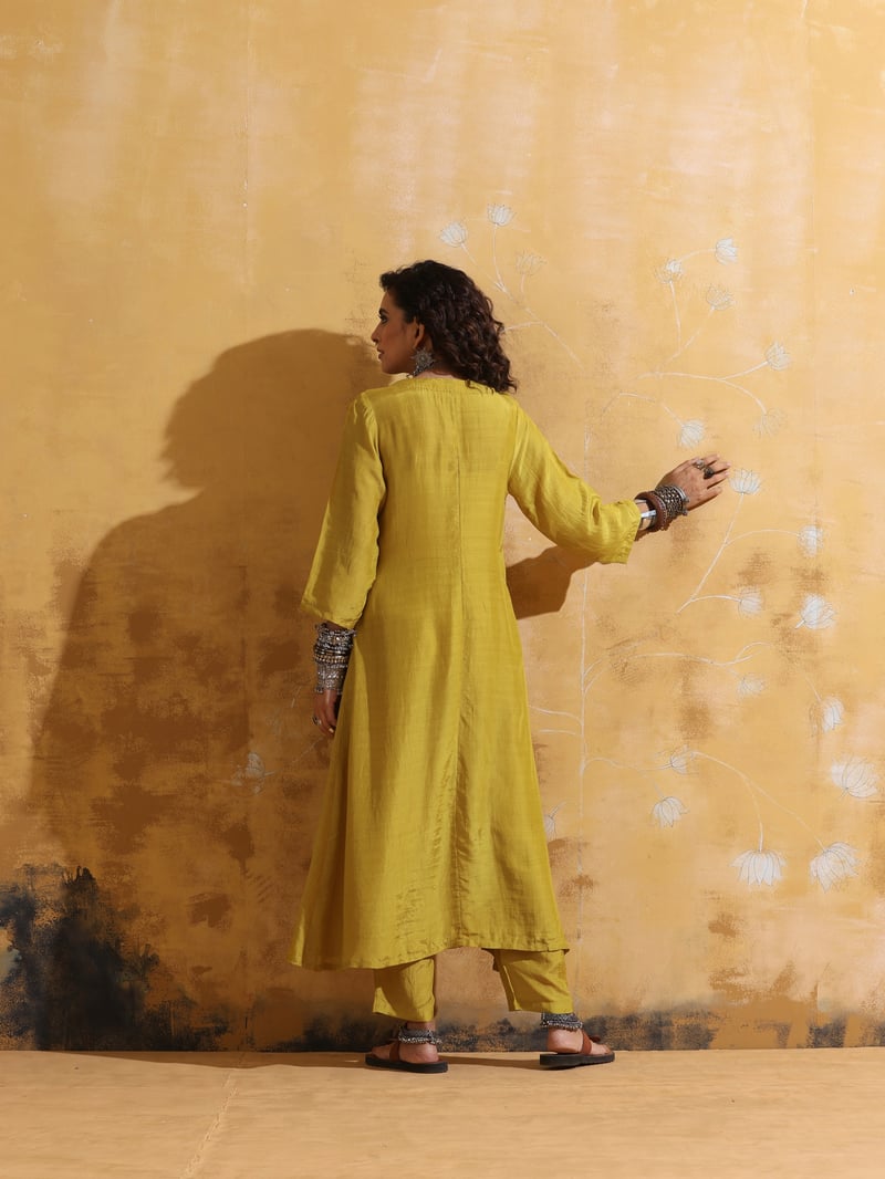 Lime Muslin Silk Angrakha Kurta and Pant Set