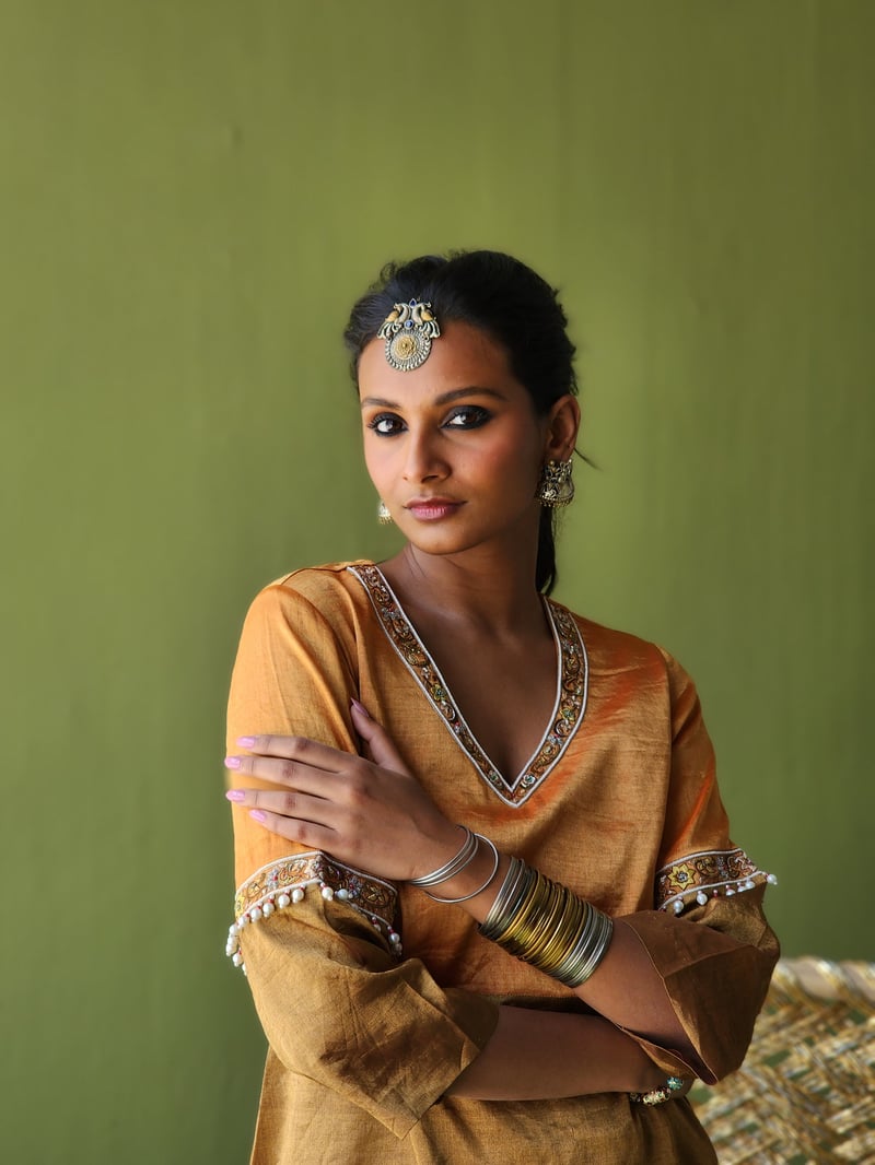 Kesari Orange Tissue Kurta Set with Embroidered V-Neck