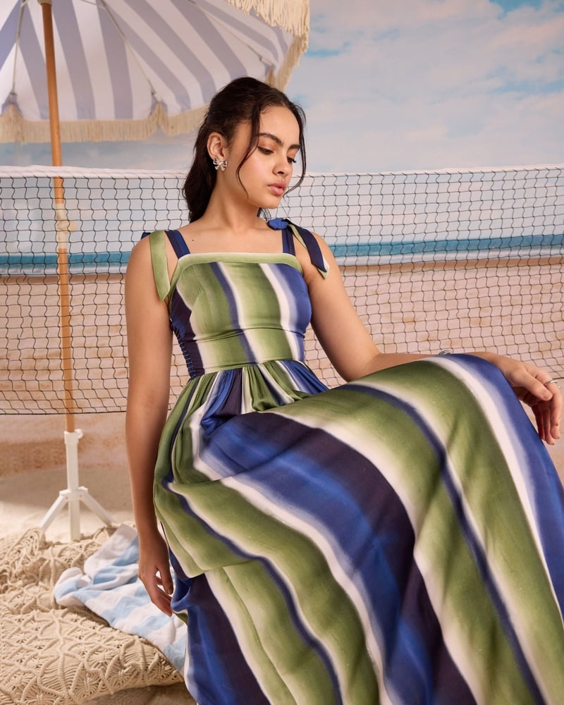 Blue/Green Striped Square Neck Satin Midi Dress