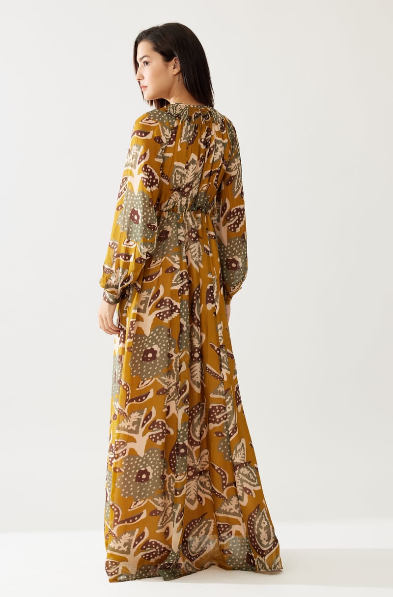 Mustard And Olive Floral Kaftan Dress