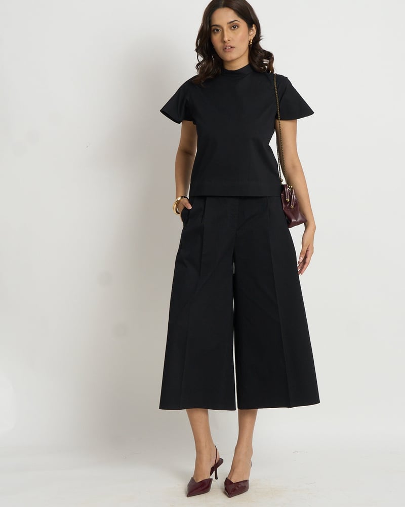 Black Mock Neck Flutter Sleeve Cotton Top