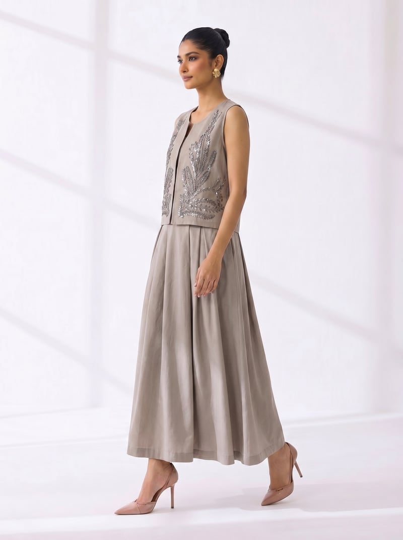 Grey Embellished Jacket and Maxi Skirt Co-ord Set