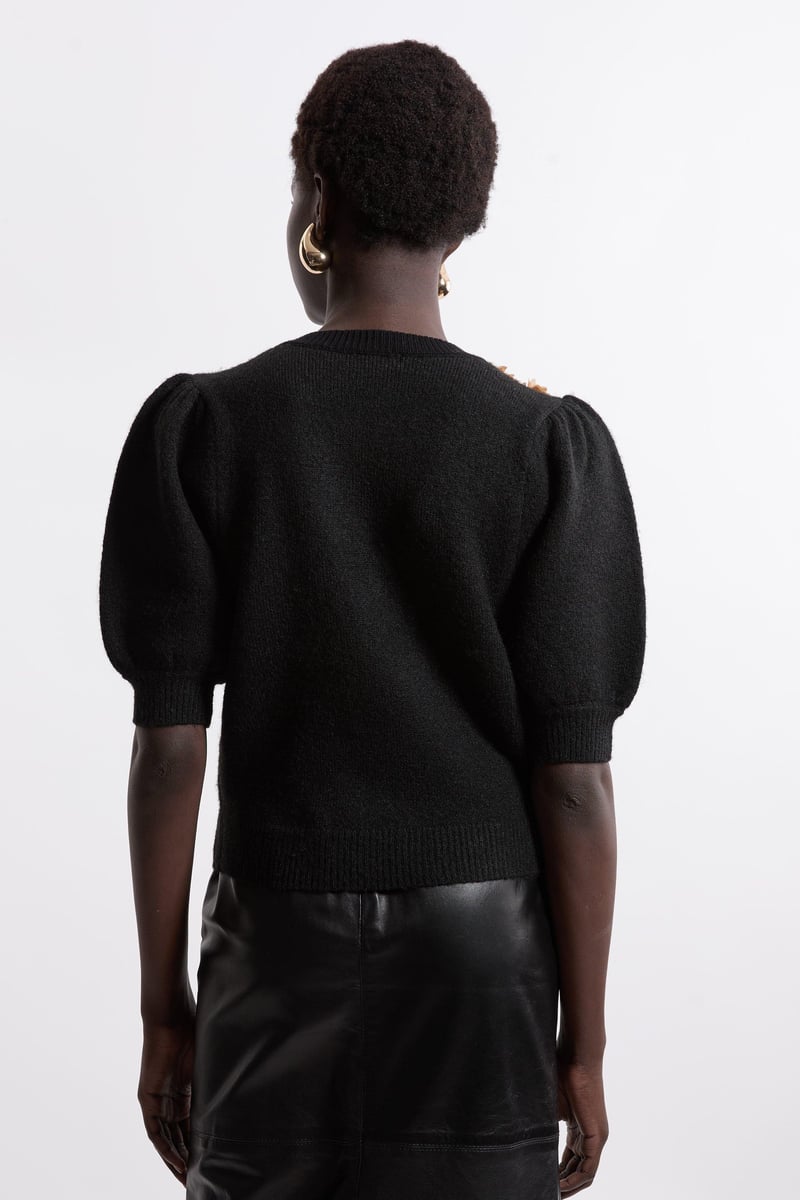 Black 3D Floral Applique Puff-Sleeve Knit Sweater
