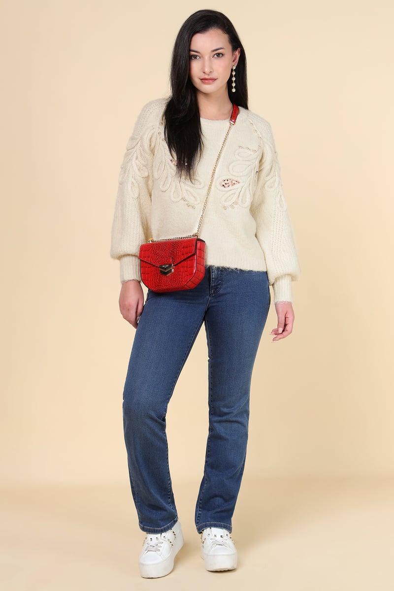Beige Applique Embellished Round Neck Pullover Sweater