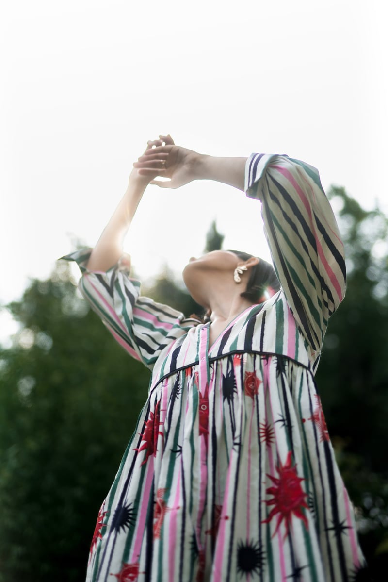 White/Green Striped Printed Puff Sleeve Mini Dress