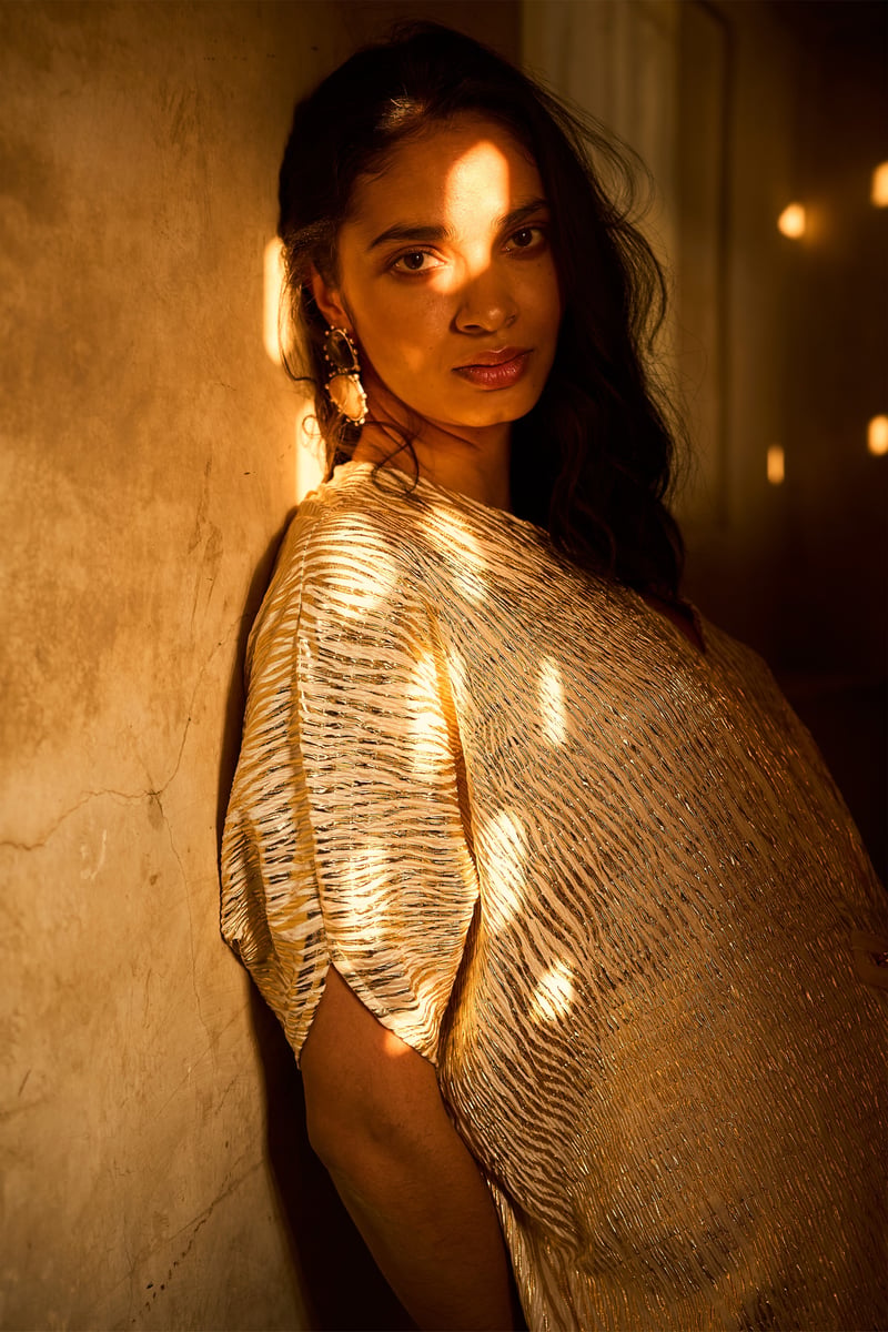 Ivory/Gold Foil Printed Pleated Maxi Kaftan