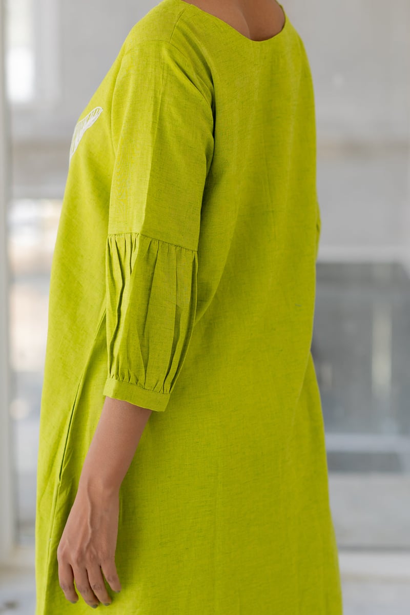 Green A-Line Kurta with White Floral Embroidery