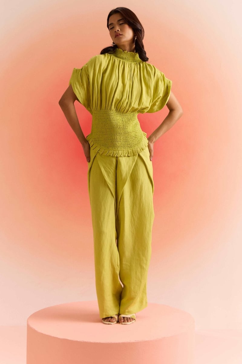 Lime Green Wrap-Front Wide-Leg Trousers — WESTERNERA