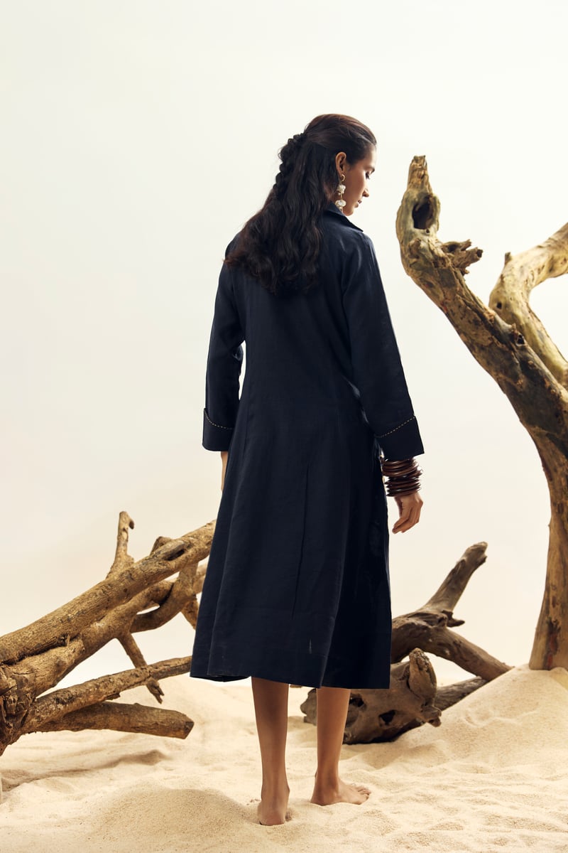 Navy Blue Linen Midi Shirt Dress with Abstract Hem Print