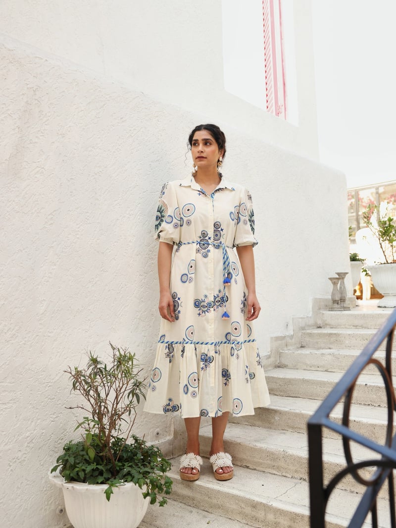 Green & Blue Sun & Moon Print Long Dress