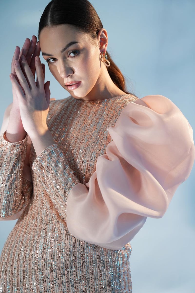 Champagne Sequin Sheath Mini Dress with Statement Sleeves