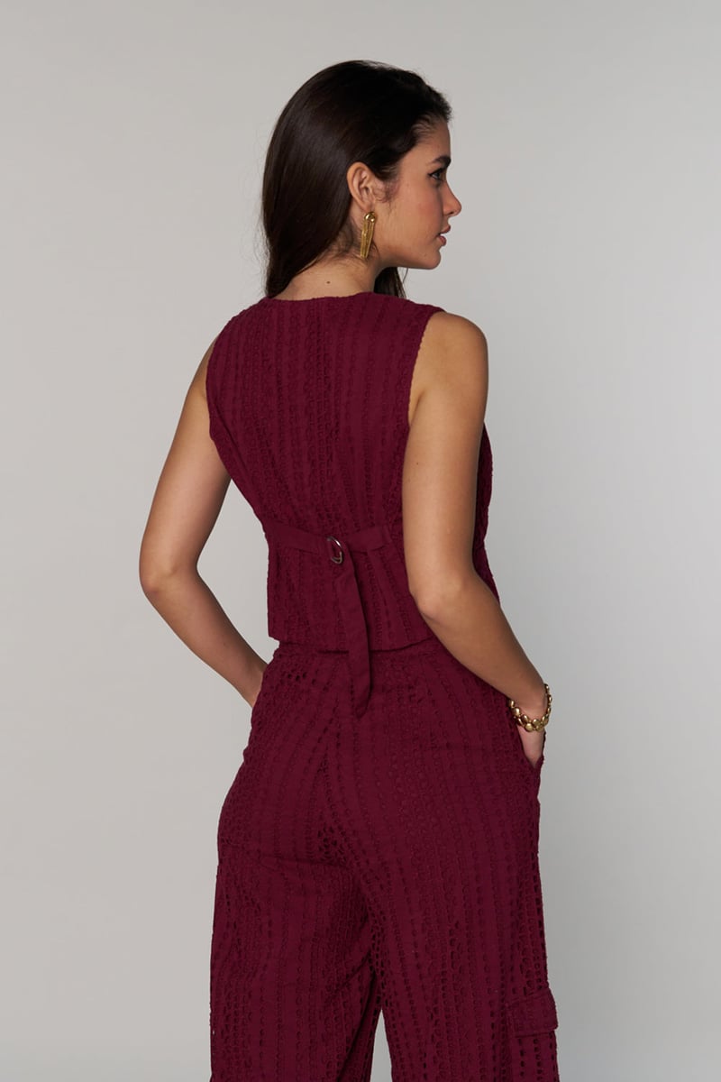 Wine Schiffli Cutwork Button-Front Tailored Waistcoat