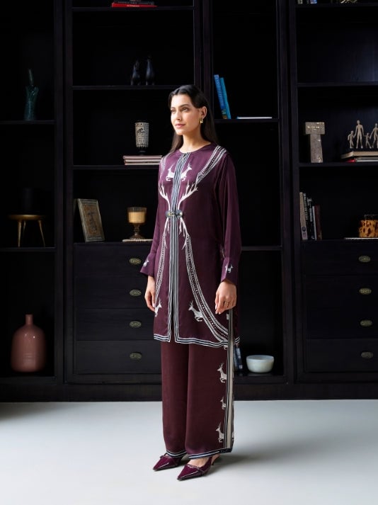 Burgundy Cupro Satin Printed Kurta and Pant Co-ord Set