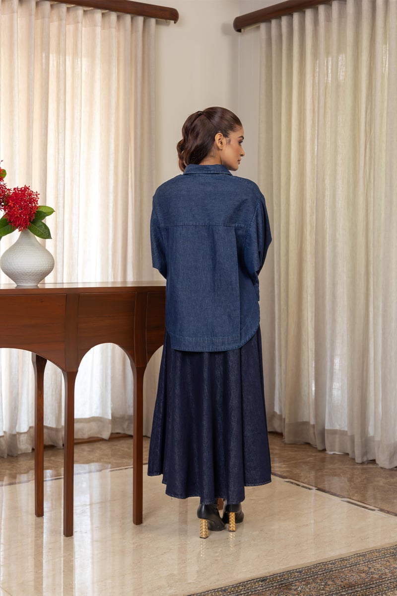 Dark Blue Denim Boxy Shirt with Pearl Accents