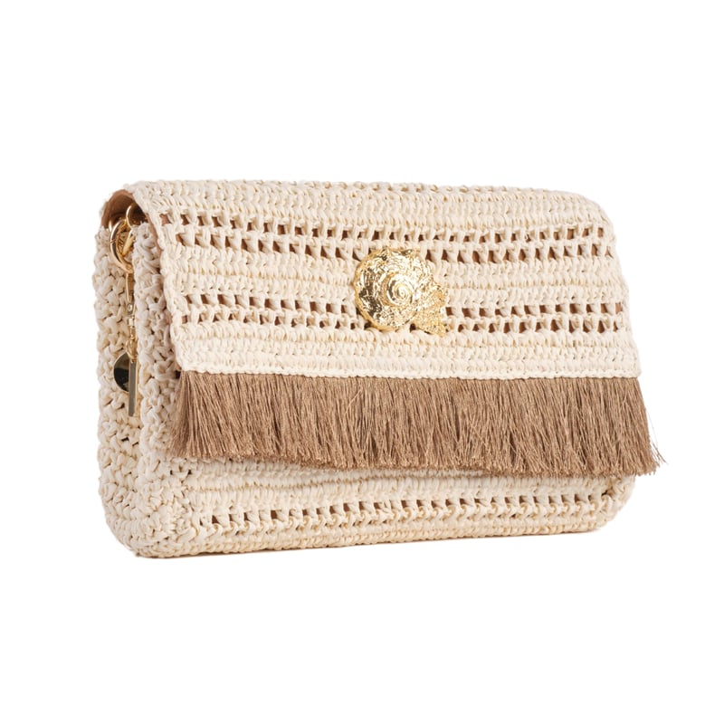 Jena Off White Slim Raffia Clutch With Gold Emblem