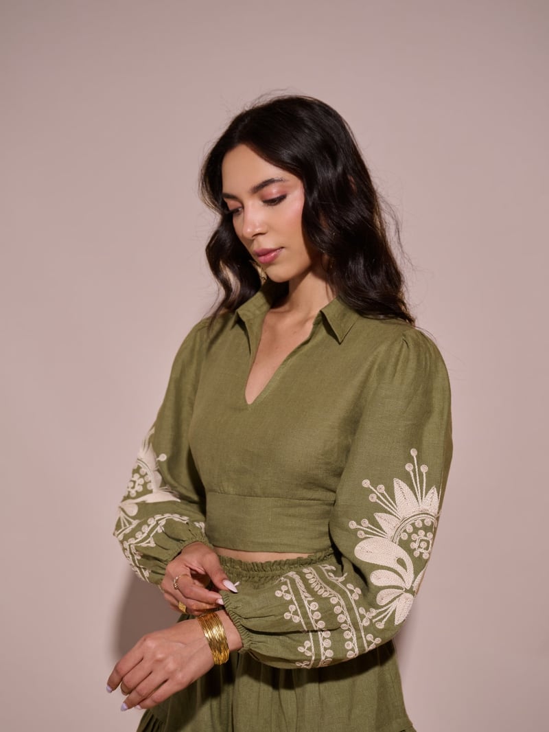 Green Linen Crop Top with Embroidered Sleeves