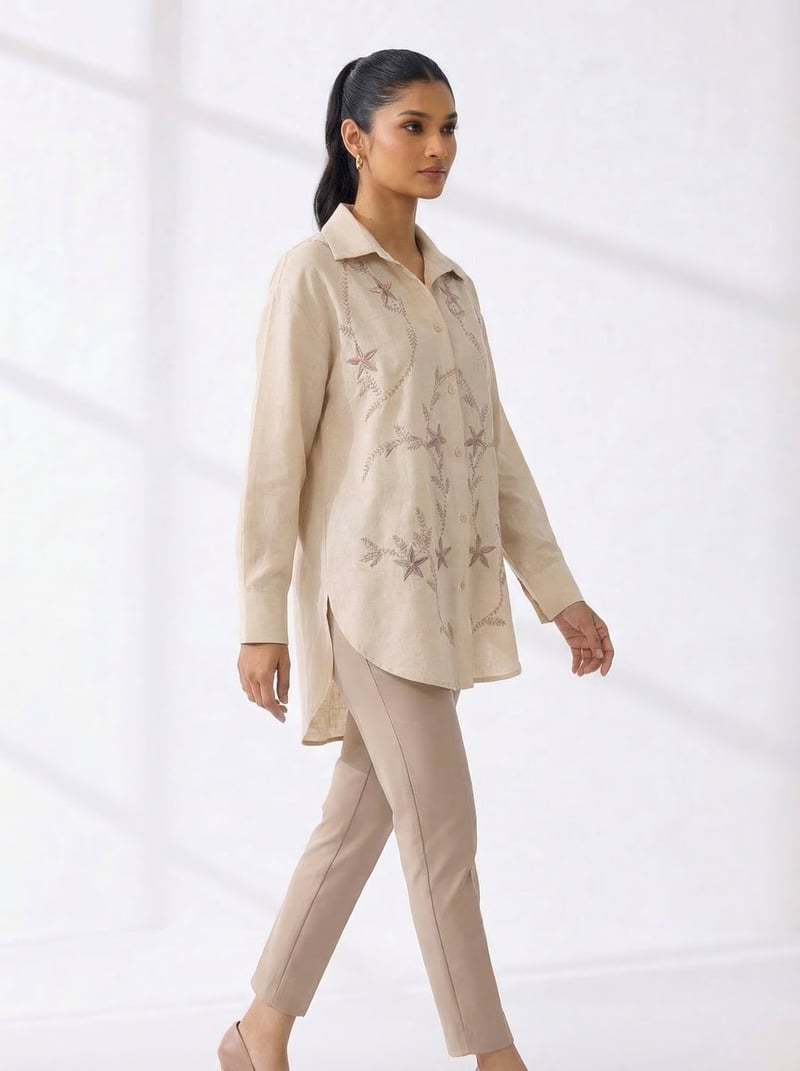 Stone Beige Embroidered Longline Cotton Shirt