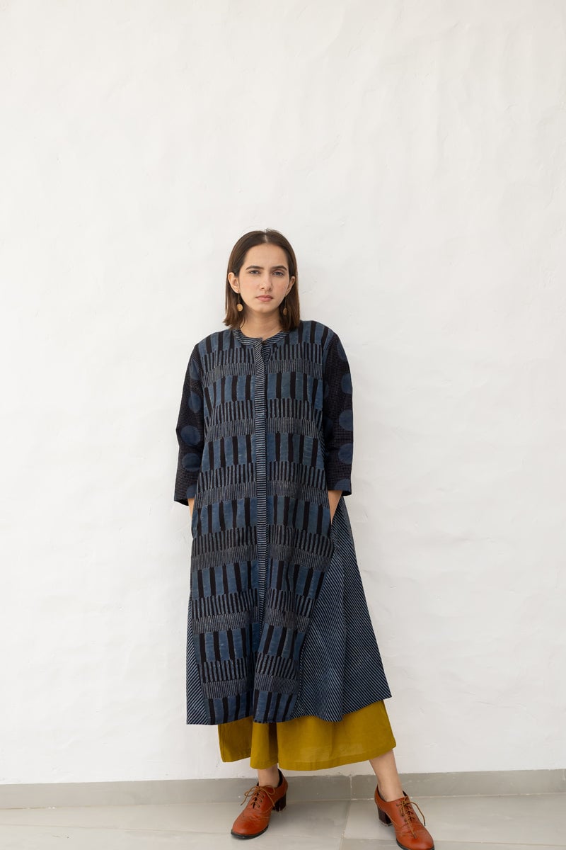 Black and Indigo A-Line Block Print Cotton Kurta