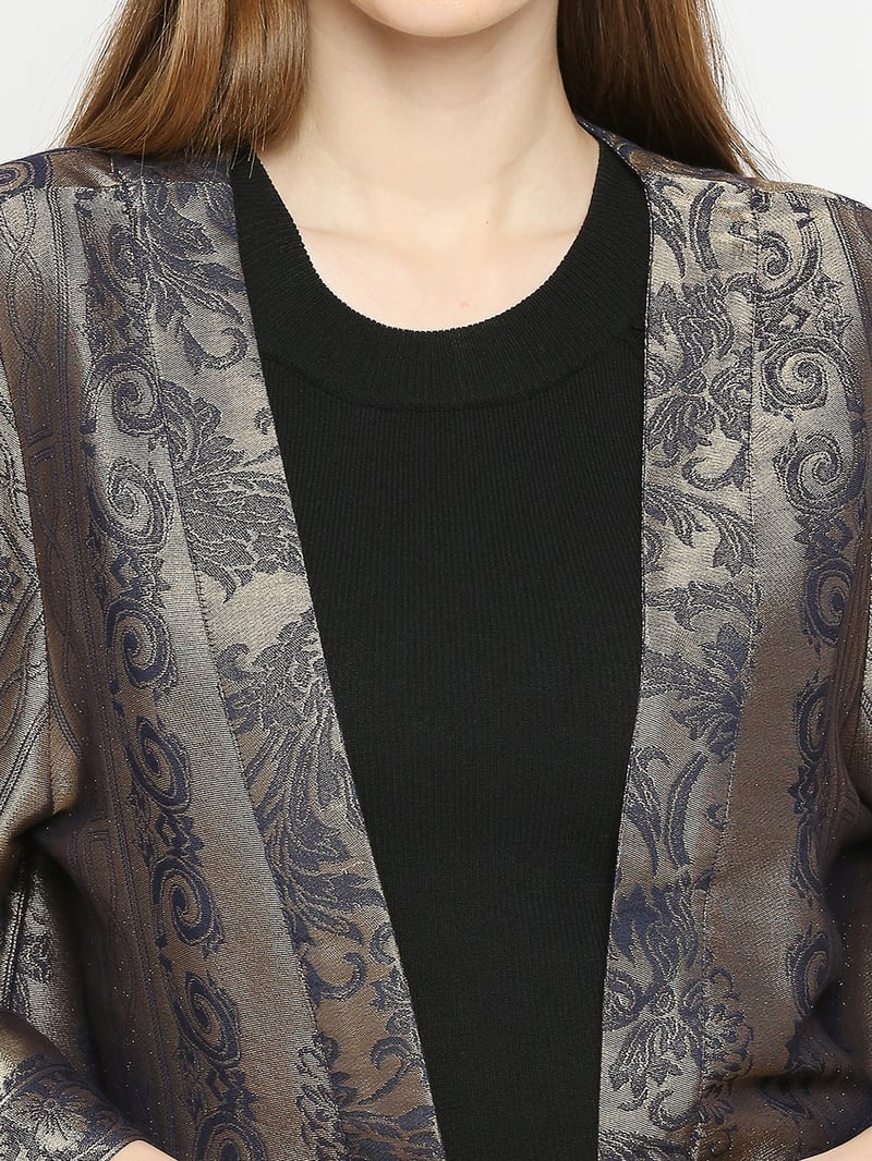 Navy Blue Metallic Brocade Kimono Jacket