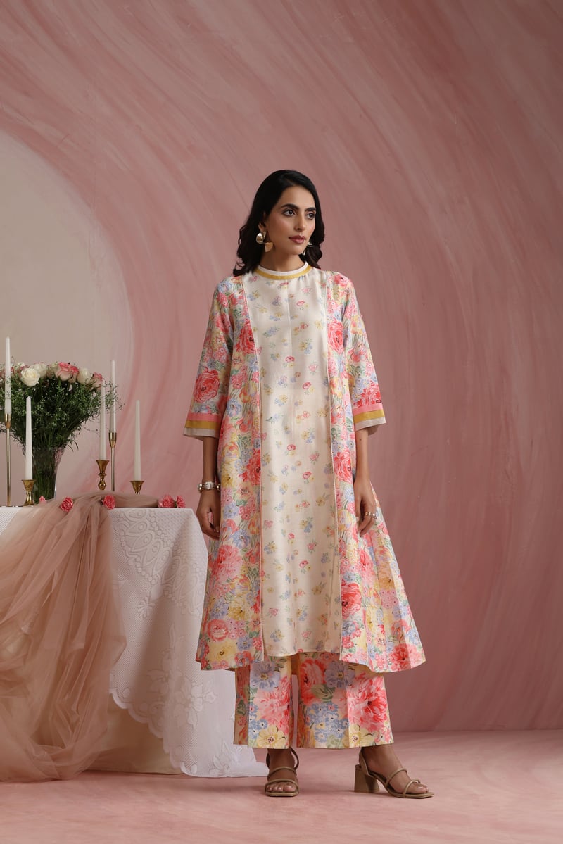 Ivory Floral Printed A-Line Kurta Set with Wide-Leg Trousers
