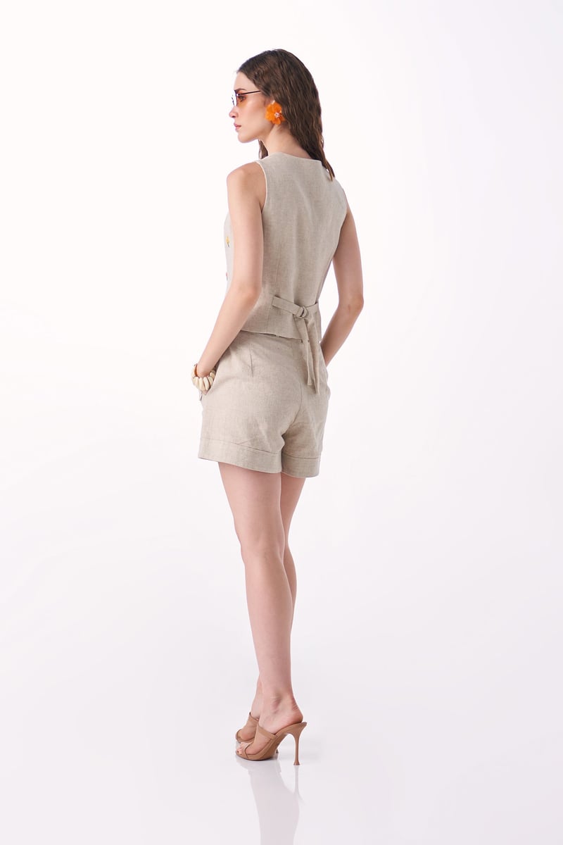 Neutral Linen Embroidered Vest and Shorts Co-ord Set
