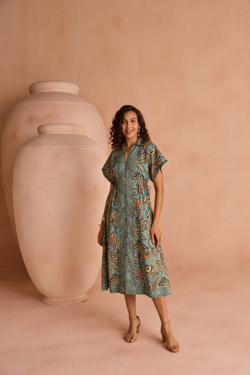 Blue Paisley Print Midi Shirt Dress with Waist Ties