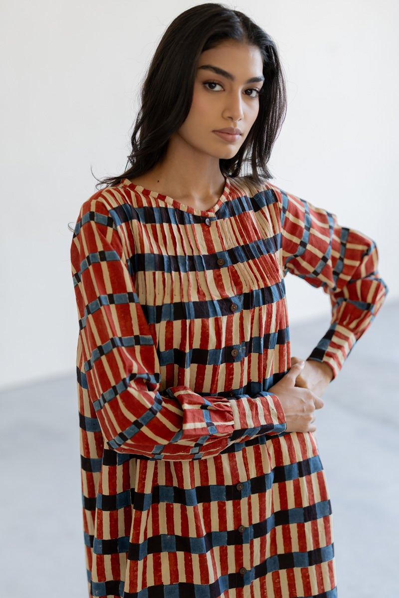 Multicolor Block Print Striped Pintuck Tunic Kurta