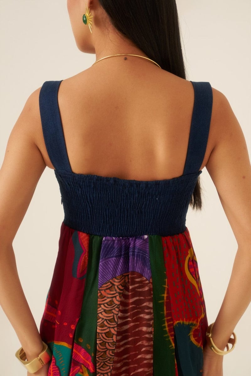 Multicolor Fit and Flare Maxi Dress with Denim Bodice